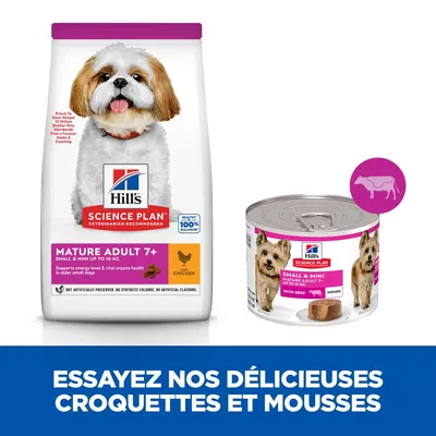 Hill's Science Plan Mature Adult 7+ Small & Mini jusqu'à 10 kg, croquettes au poulet et boîte de mousse au bœuf pour chiens, texte : Essayez nos délicieuses croquettes et mousses