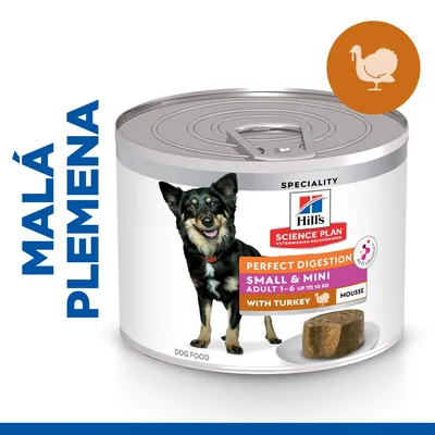 Konzerva Hill's Science Plan Perfect Digestion Small & Mini Adult 1–6 with Turkey Mousse, obrázek psa, nápis MALÁ PLEMENA, symbol krůty.
