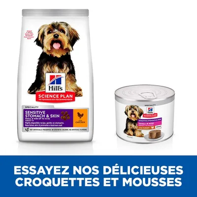Hill’s Science Plan Sensitive Stomach & Skin pour chiens, croquettes au poulet et boîte de mousse à la dinde, spécial small & mini. Texte : Essayez nos délicieuses croquettes et mousses.