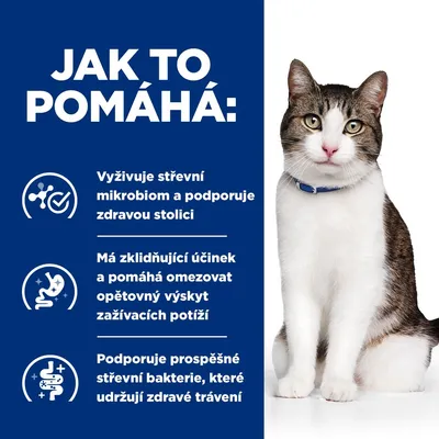 Jak to pomáhá: Vyživuje střevní mikrobiom a podporuje zdravou stolici, má zklidňující účinek, podporuje prospěšné střevní bakterie. Vedle textu sedí kočka s obojkem.