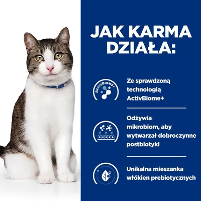 Jak karma działa: Ze sprawdzoną technologią ActivBiome+, odżywia mikrobiom, aby wytwarzał dobroczynne postbiotyki, unikalna mieszanka włókien prebiotycznych.