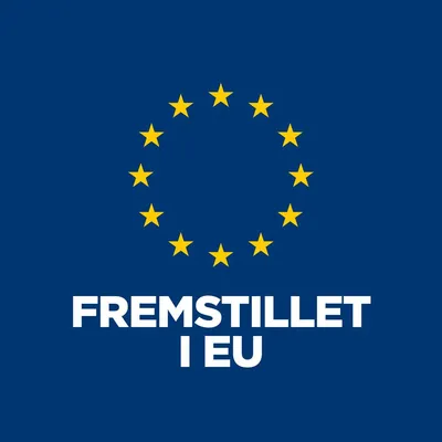 FREMSTILLET I EU med 12 gule stjerner i cirkel på blå baggrund. Teksten angiver, at produktet er produceret i EU.