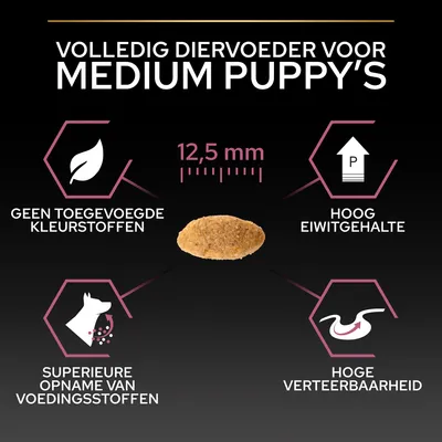 Volledig diervoeder voor medium puppy's, brok 12,5 mm. Geen toegevoegde kleurstoffen, hoog eiwitgehalte, superieure opname van voedingsstoffen, hoge verteerbaarheid.