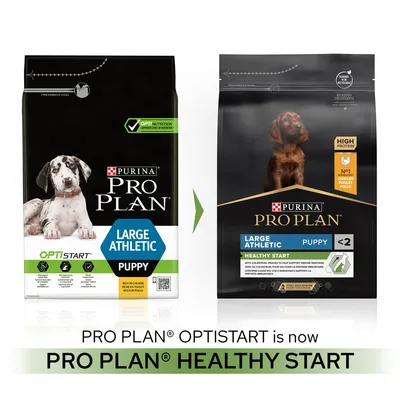 To poser Purina Pro Plan hundefoder: venstre med teksten 'Optistart Large Athletic Puppy', højre med teksten 'Healthy Start Large Athletic Puppy <2'. Tekst: PRO PLAN OPTISTART is now PRO PLAN HEALTHY START.
