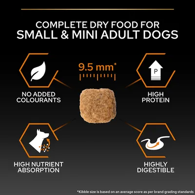 Complete dry food for small & mini adult dogs, kibble size 9.5 mm, no added colourants, high protein, high nutrient absorption, highly digestible. Text in English.