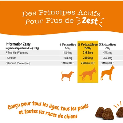 Tableau d’ingrédients par friandise Zesty : prémix multi-vitamines, L-carnitine, Calsporin probiotiques. Dosage selon poids du chien : 1 à 3 friandises pour 0–15 kg, 15–30 kg, +30 kg.