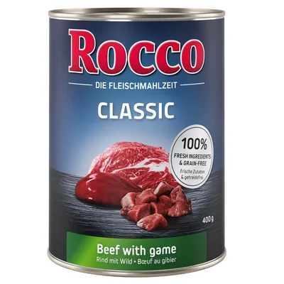 Rocco Classic Beef with game, 400 g. Teksti: 100% fresh ingredients & grain-free, frische Zutaten & getreidefrei. Kuvassa naudanlihaa ja riistaa.