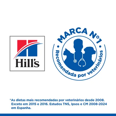 Hill's. MARCA N.º 1 recomendada por veterinários. As dietas mais recomendadas por veterinários desde 2008, exceto em 2015 e 2016. Estudos TNS, Ipsos e CM 2008-2024 em Espanha.