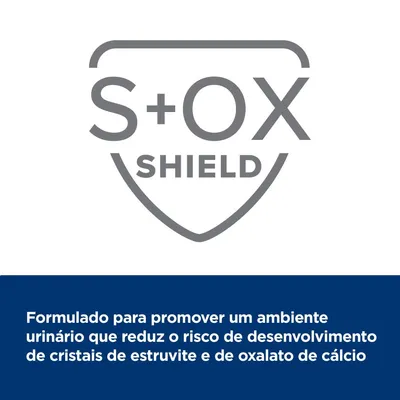 S+OX SHIELD. Formulado para promover um ambiente urinário que reduz o risco de desenvolvimento de cristais de estruvite e de oxalato de cálcio.