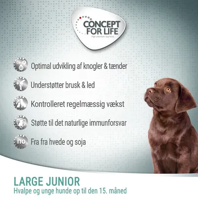 CONCEPT FOR LIFE. Optimal udvikling af knogler & tænder, understøtter brusk & led, kontrolleret regelmæssig vækst, støtte til immunforsvar, fri for hvede og soja. LARGE JUNIOR op til 15. måned.