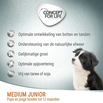 Concept for Life Medium Junior. Optimale ontwikkeling van botten en tanden, ondersteuning natuurlijke afweer, gelijkmatige groei, optimale spijsvertering, vrij van tarwe of soja. Voor pups tot 12 maanden.