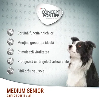Concept for Life Medium Senior câini de peste 7 ani. Sprijină funcția rinichilor, menține greutatea ideală, stimulează vitalitatea, protejează cartilajele și articulațiile, fără grâu sau soia.
