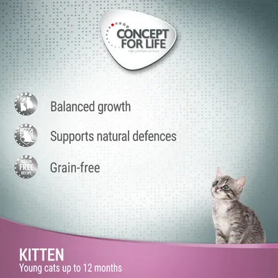 Concept for Life kitten food features: balanced growth, supports natural defences, grain-free. For young cats up to 12 months.