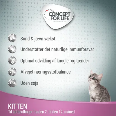 CONCEPT FOR LIFE. Sund & jævn vækst, understøtter det naturlige immunforsvar, optimal udvikling af knogler og tænder, afvejet næringsstofbalance, uden soja. KITTEN til kattekillinger fra 2. til 12. måned.
