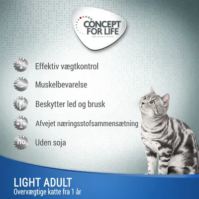 CONCEPT FOR LIFE. Effektiv vægtkontrol, muskelbevarelse, beskytter led og brusk, afvejet næringsstofsammensætning, uden soja. LIGHT ADULT, overvægtige katte fra 1 år.
