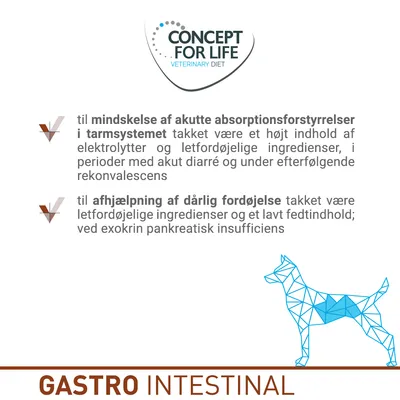 CONCEPT FOR LIFE VETERINARY DIET. Til mindskelse af akutte absorptionsforstyrrelser i tarmsystemet og til afhjælpning af dårlig fordøjelse. GASTRO INTESTINAL.