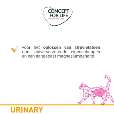 CONCEPT FOR LIFE VETERINARY DIET, voor het oplossen van struvietsteen door urineverzurende eigenschappen en een aangepast magnesiumgehalte. URINARY.