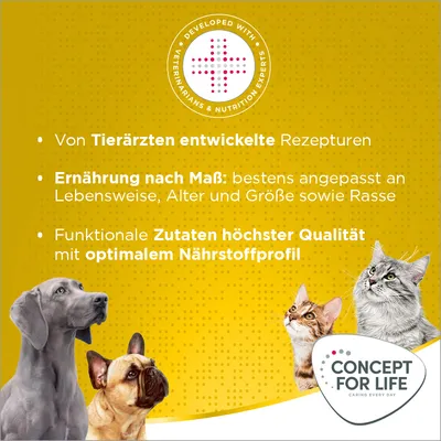 Von Tierärzten entwickelte Rezepturen. Ernährung nach Mass: angepasst an Lebensweise, Alter, Grösse und Rasse. Funktionale Zutaten höchster Qualität mit optimalem Nährstoffprofil.