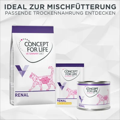 Concept for Life Veterinary Diet Renal. Ideal zur Mischfütterung, passende Trocken- und Nassnahrung für Katzen entdecken.