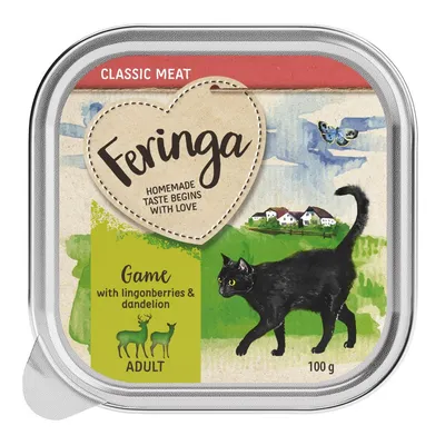 Feringa Classic Meat, Game with lingonberries & dandelion, ADULT, 100 g. Immagine di confezione con gatto nero e paesaggio illustrato. Testo in inglese.