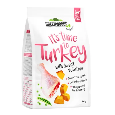 Greenwoods Adult Cat tørfoder, It's time to Turkey med sød kartoffel, kornfri opskrift, begrænsede ingredienser, hovedingrediens frisk kalkun, pakningsstørrelse 400g.