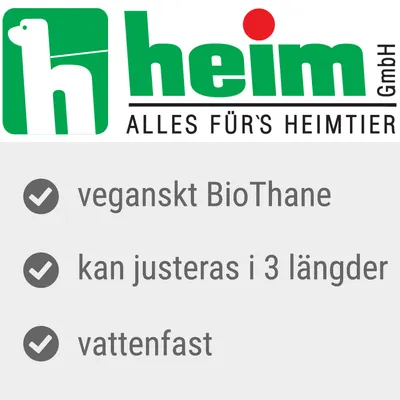 heim GmbH, ALLES FÜR'S HEIMTIER. veganskt BioThane, kan justeras i 3 längder, vattenfast. Text på tyska och svenska.