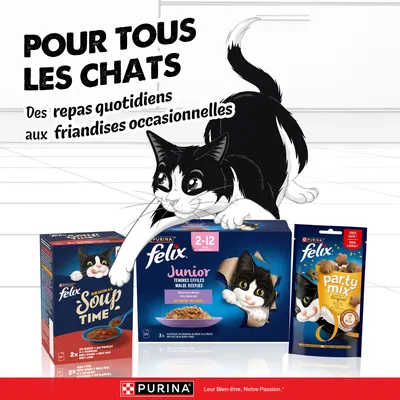 Felix nourriture pour chat et snacks de Purina. Pour tous les chats : des repas quotidiens aux friandises occasionnelles. Variétés visibles : Soup Time, junior 2-12 mois, Party Mix. Felix nourriture pour chat et snacks de Purina. Pour tous les chats : des repas quotidiens aux friandises occasionnelles. Variétés visibles : Soup Time, junior 2-12 mois, Party Mix.