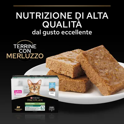 Purina Pro Plan Sterilised Adult terrine con merluzzo per gatti, confezione visibile accanto a tre terrine su piatto bianco. Testo: Nutrizione di alta qualità dal gusto eccellente.