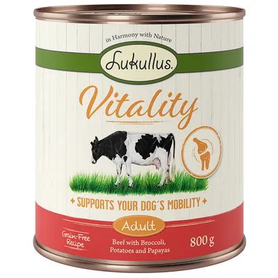 Lukullus Vitality Adult, 800 g. Ricetta senza cereali con manzo, broccoli, patate e papaya. Supporta la mobilità del cane.