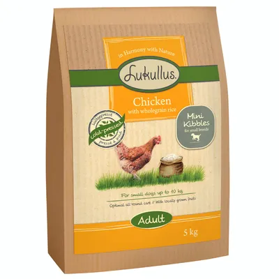 Lukullus Adult Mini Kibbles, pollo con arroz integral, prensado en frío. Para perros pequeños de hasta 10 kg. Con frutas locales. Tamaño del paquete: 5 kg.