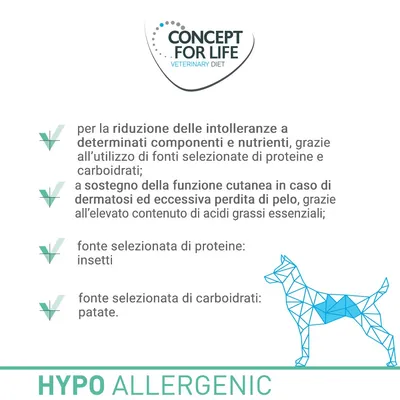 Concept for Life Veterinary Diet. Riduzione intolleranze, sostegno funzione cutanea, fonte proteine: insetti, fonte carboidrati: patate. HYPO ALLERGENIC.