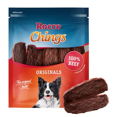Rocco Chings Originals, 100% Beef, The original taste! Verpackung mit getrockneten Fleischstreifen und Hundebild.