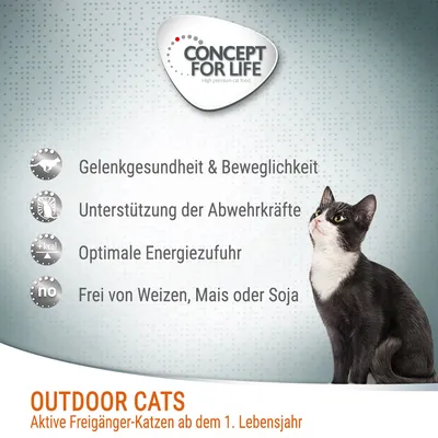 CONCEPT FOR LIFE. Gelenkgesundheit & Beweglichkeit, Unterstützung der Abwehrkräfte, Optimale Energiezufuhr, Frei von Weizen, Mais oder Soja. OUTDOOR CATS. Aktive Freigänger-Katzen ab dem 1. Lebensjahr.