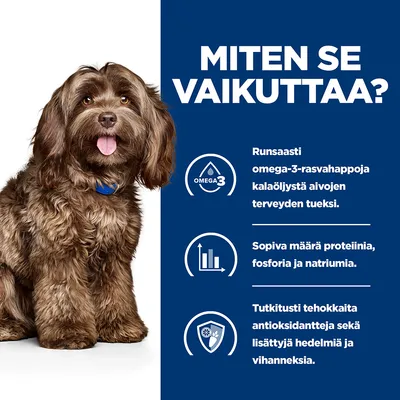 MITEN SE VAIKUTTAA? Runsaasti omega-3-rasvahappoja kalaöljystä aivojen terveyden tueksi. Sopiva määrä proteiinia, fosforia ja natriumia. Tehokkaita antioksidantteja, lisättyjä hedelmiä ja vihanneksia.