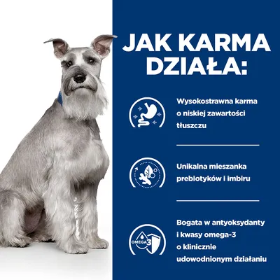 Jak karma działa: Wysokostrawna karma o niskiej zawartości tłuszczu, unikalna mieszanka prebiotyków i imbiru, bogata w antyoksydanty i kwasy omega-3 o klinicznie udowodnionym działaniu.