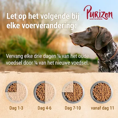 Purizon. Let op het volgende bij elke voer verandering: vervang elke drie dagen ¼ van het oude voedsel door ¼ van het nieuwe. Dag 1–3, dag 4–6, dag 7–10, vanaf dag 11.