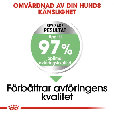Omvårdnad av din hunds känslighet. Bevisade resultat: upp till 97 % optimal avföringskvalitet. Förbättrar avföringens kvalitet.