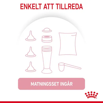 Text: Enkelt att tillreda. Illustration av matningsset med olika delar och texten Matningsset ingår.
