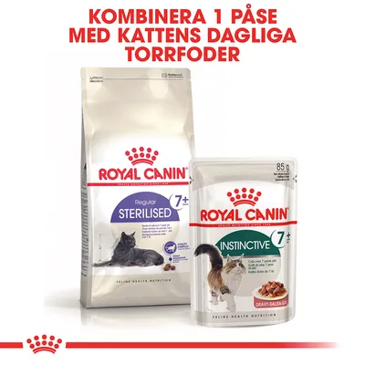 Royal Canin Regular Sterilised 7+ torrfoder och Instinctive 7+ våtfoder för katt. Text: Kombinera 1 påse med kattens dagliga torrfoder.
