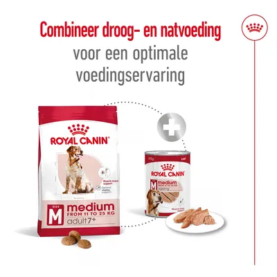 Royal Canin medium adult 7+ droogvoer 11–25 kg en natvoer 410 g. Tekst: Combineer droog- en natvoeding voor een optimale voedingservaring.