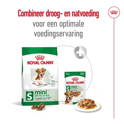 Royal Canin mini ageing 12+ droog- en natvoeding voor honden tot 10 kg. Tekst: Combineer droog- en natvoeding voor een optimale voedingservaring. Verpakking en voer zichtbaar.