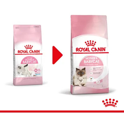 Royal Canin Mother & Babycat kattefoder. Venstre: First Age Mother & Babycat. Højre: Mother & Babycat 1–4 months/mois. Begge poser med billeder af kat og killing.