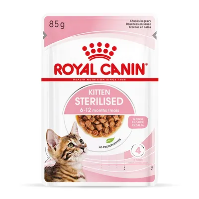 Royal Canin Kitten Sterilised food for 6-12 months, chunks in gravy, no preservatives, stage 4 after sterilisation, 85g pouch.