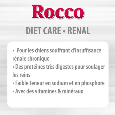 Rocco DIET CARE RENAL : pour chiens souffrant d'insuffisance rénale chronique, protéines très digestes, faible teneur en sodium et phosphore, avec vitamines et minéraux.