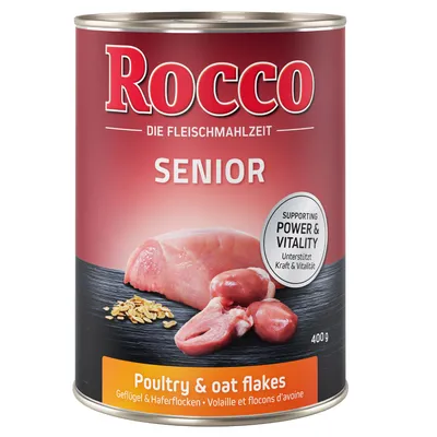 Консерва Rocco Senior, 400 г. Видны куски мяса, овсяные хлопья. Текст: Poultry & oat flakes, Supporting power & vitality. Для пожилых животных. Надписи на английском и немецком.
