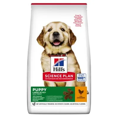 Confezione di Hill's Science Plan Puppy Large 25 kg+ con pollo, alimento secco per cuccioli. Testo visibile: '100% balanced nutrition', 'no artificial flavours'.