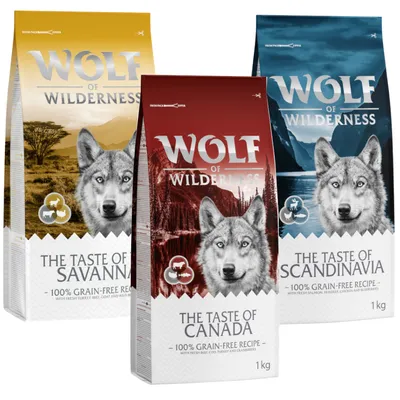 Wolf of Wilderness cibo secco, varietà: The Taste of Savannah, Canada e Scandinavia, ricetta 100% senza cereali, confezione da 1 kg.