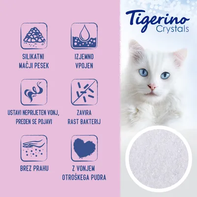 Tigerino Crystals silikatni mačji pesek: izjemno vpojen, ustavi neprijeten vonj, zavira rast bakterij, brez prahu, z vonjem otroškega pudra. Prikaz teksture peska.