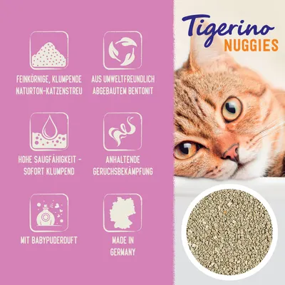Tigerino Nuggies Katzenstreu: feinkörnig, klumpend, umweltfreundlich abgebautes Bentonit, hohe Saugfähigkeit, anhaltende Geruchsbekämpfung, Babypuderduft, Made in Germany.
