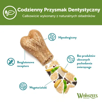 Whimzees Codzienny Przysmak Dentystyczny: całkowicie naturalny, hipoalergiczny, bezglutenowy, wegetariański, bez produktów ubocznych pochodzenia zwierzęcego.